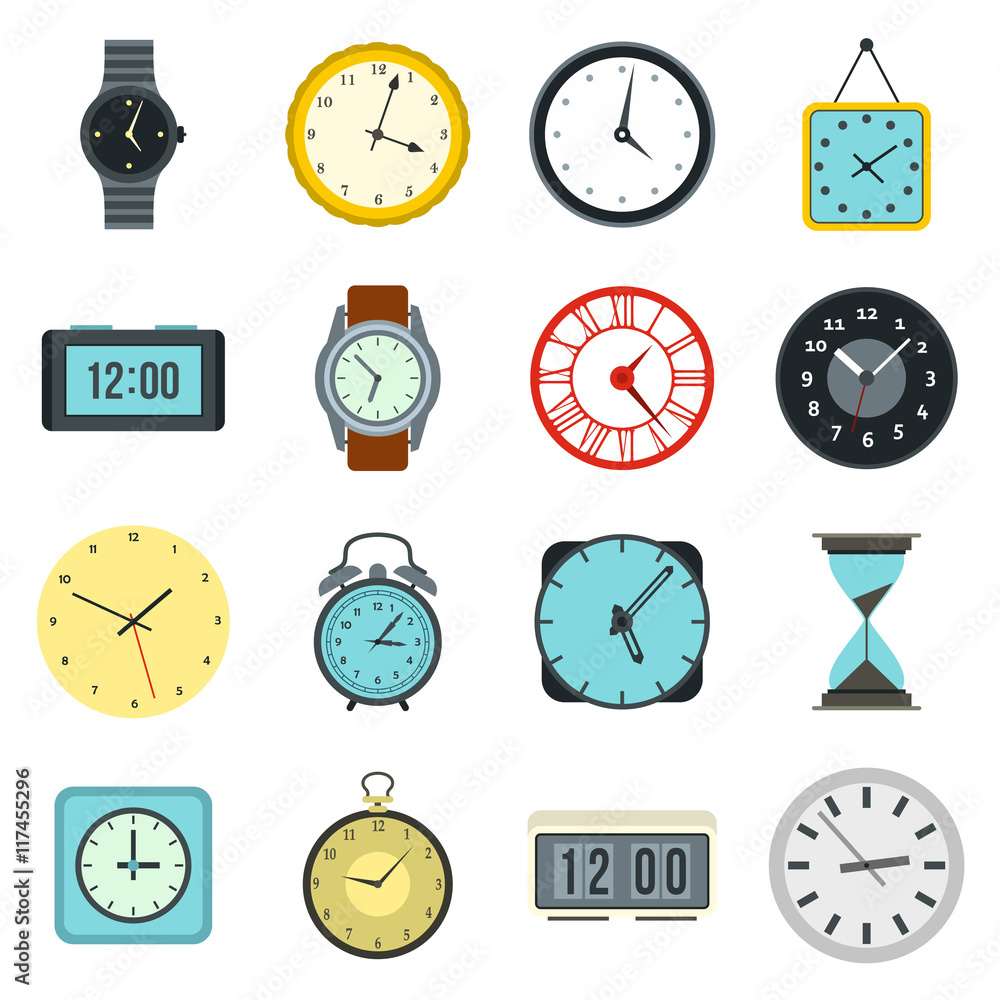 Poster flat clock icons set. universal clock icons to use for web and mobile ui, set of basic clock element
