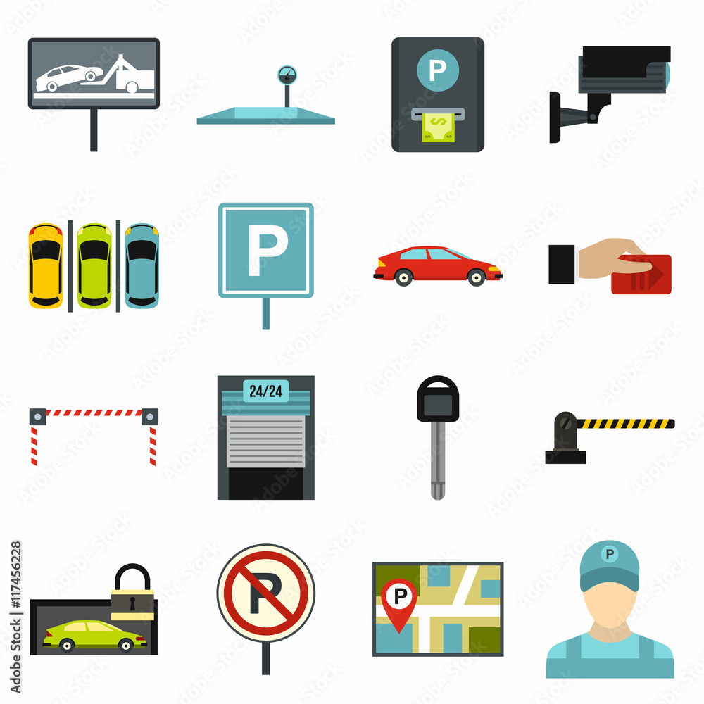 Poster flat car parking icons set. universal car parking icons to use for web and mobile ui, set of basic c