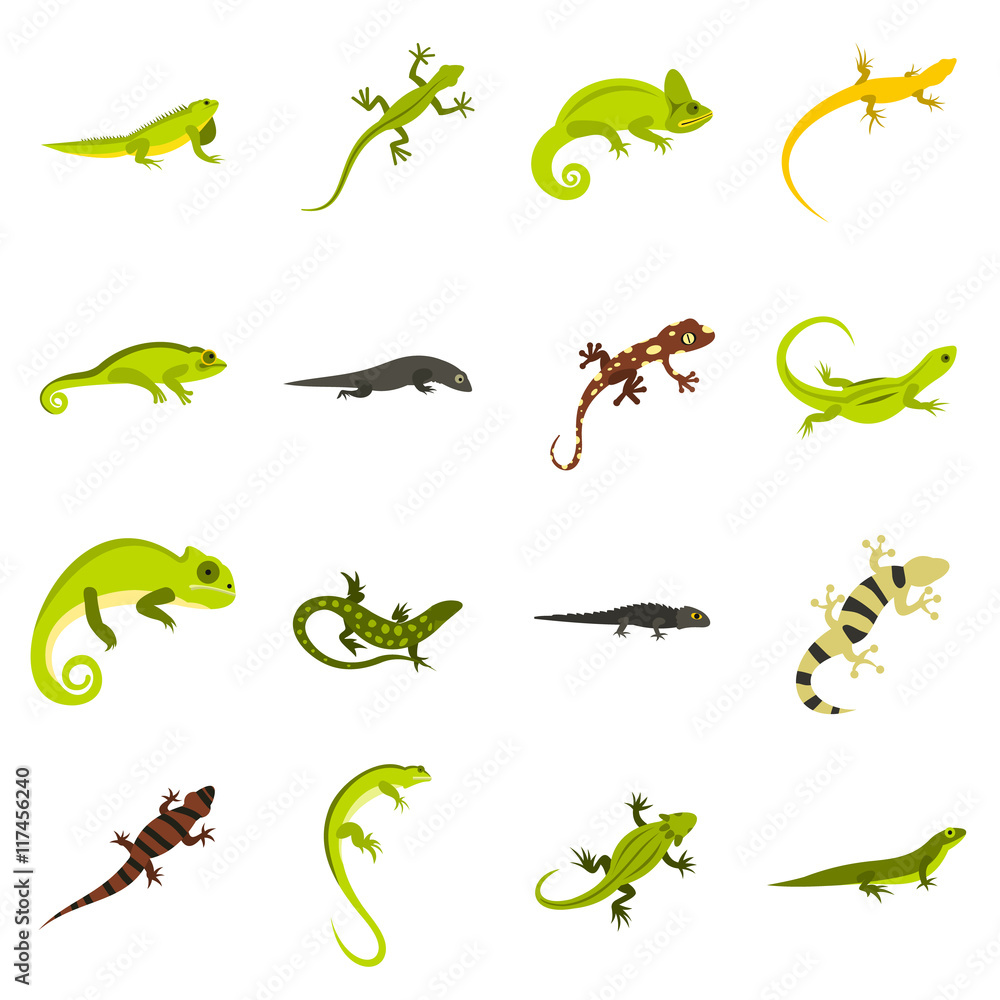 Poster flat lizard icons set. universal lizard icons to use for web and mobile ui, set of basic lizard elem
