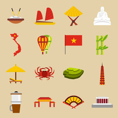 Flat Vietnam icons set. Universal Vietnam icons to use for web and mobile UI, set of basic Vietnam elements isolated vector illustration