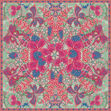 Decorative color floral background, strawberry pattern and ornate lace frame. Bandanna shawl fabric print, silk neck scarf, kerchief design, vector illustration. Tribal ethnic round decoration