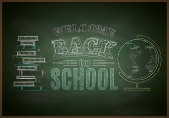 Welcome Back to School Chalkboard Background, Vector Illustration. White chalk lettering with books and globe