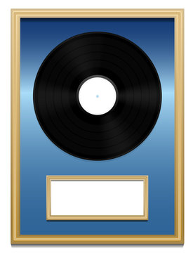 Vinyl record - Music award with unlabeled plaque in a golden frame on blue ground.