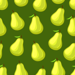 Cartoon pear on a green background. Bright seamless pattern. Vector illustration.