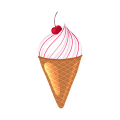 Ice cream with cherry in a waffle cone. Cartoon icon. Isolated object on a white background. Vector illustration.