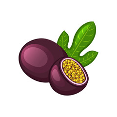 Passion fruit with green leaf and cut half. Cartoon icon. Isolated object on a white background. Vector illustration.
