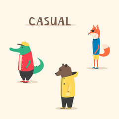 Group of animals in clothes. Casual style. Cartoon vector illustration