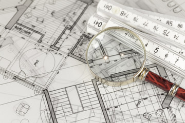 architecture blueprints - house plans, magnifying glass & folding ruler