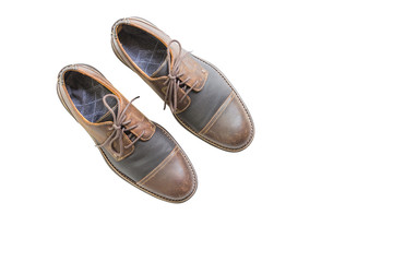 Men's accessories with brown leather shoes with copy space, flat lay, top view isolated on white background