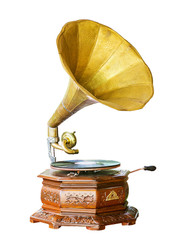Golden gramophone isolated on white. Clipping path included - 117459454