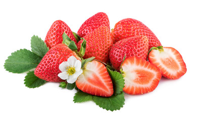 organic strawberries with leaf and flower on white background