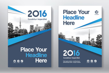 Blue Color Scheme with City Background Business Book Cover Design Template in A4. Easy to adapt to Brochure, Annual Report, Magazine, Poster, Corporate Presentation, Portfolio, Flyer, Banner, Website.