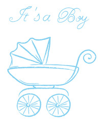Fototapeta na wymiar It's a Boy - Greeting card with baby stroller