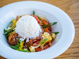chicken in teriyaki sauce with rice and vegetables