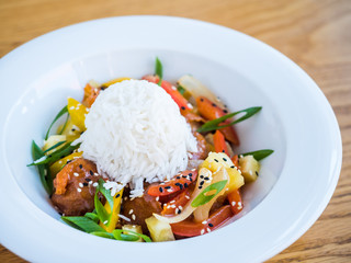chicken in teriyaki sauce with rice and vegetables