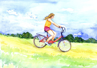 Hand painted Watercolor Illustration «Cycling on a summer day»