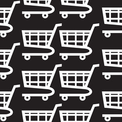 White shopping cart icons seamless pattern on black background