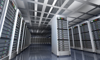 Fototapeta premium Modern interior of server room in datacenter 3D rendering