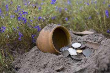 Pot of gold coins collected with help of metal detector, green grass background.