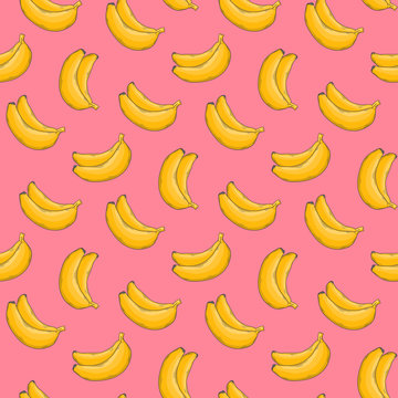 Banana vector seamless pattern on a pink background