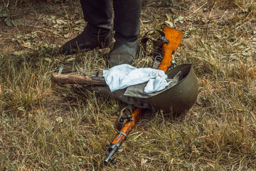 Historical reconstruction second world war. Boots, helmet and ca