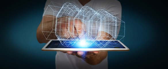 Businessman holding digital 3D engine