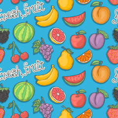 Fresh fruit vector pattern isolated on a blue background with text in doodle style.Summer fruit pattern