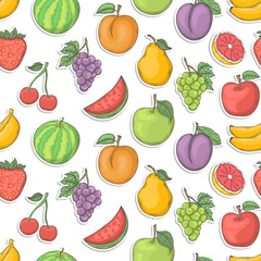 Fruit sticker seamless vector illustration.Summer seamless pattern hand draw with shadow isolated on a white background