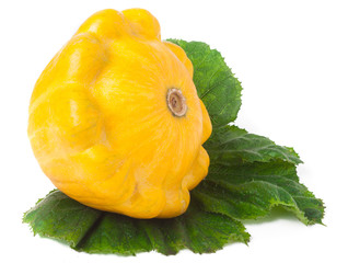 one yellow pattypan squash with leaf isolated on white background