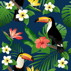 Tropical birds and palm leaves seamless background. Vector.