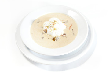 Mushroom cream soup on white background