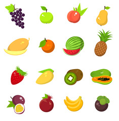 Fruit harvest icons set: grape, apple, peach, pear, melon, orange, watermelon, pineapple, strawberry, mango, kiwi, papaya, passionfruit, garnet, banana, mangosteen. Flat vector illustration