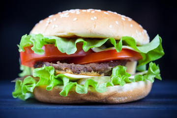 Burger on the wooden table closeup