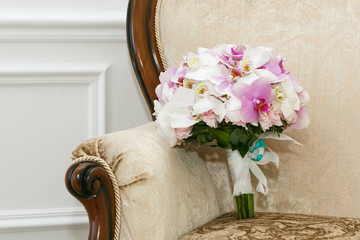 beautiful wedding bouquet from white and pink orchids