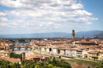 Magnificent view over the historical center of Florence in Italy. The photo is taken from piazzale Michelangelo and shows the Arno river, the Duomo and many other churches and buildings
