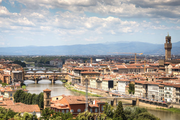 Magnificent view over the historical center of Florence in Italy. The photo is taken from piazzale Michelangelo and shows the Arno river, the Duomo and many other churches and buildings
