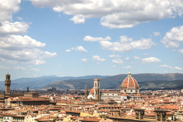 Fototapeta na wymiar Magnificent view over the historical center of Florence in Italy. The photo is taken from piazzale Michelangelo and shows the Arno river, the Duomo and many other churches and buildings 