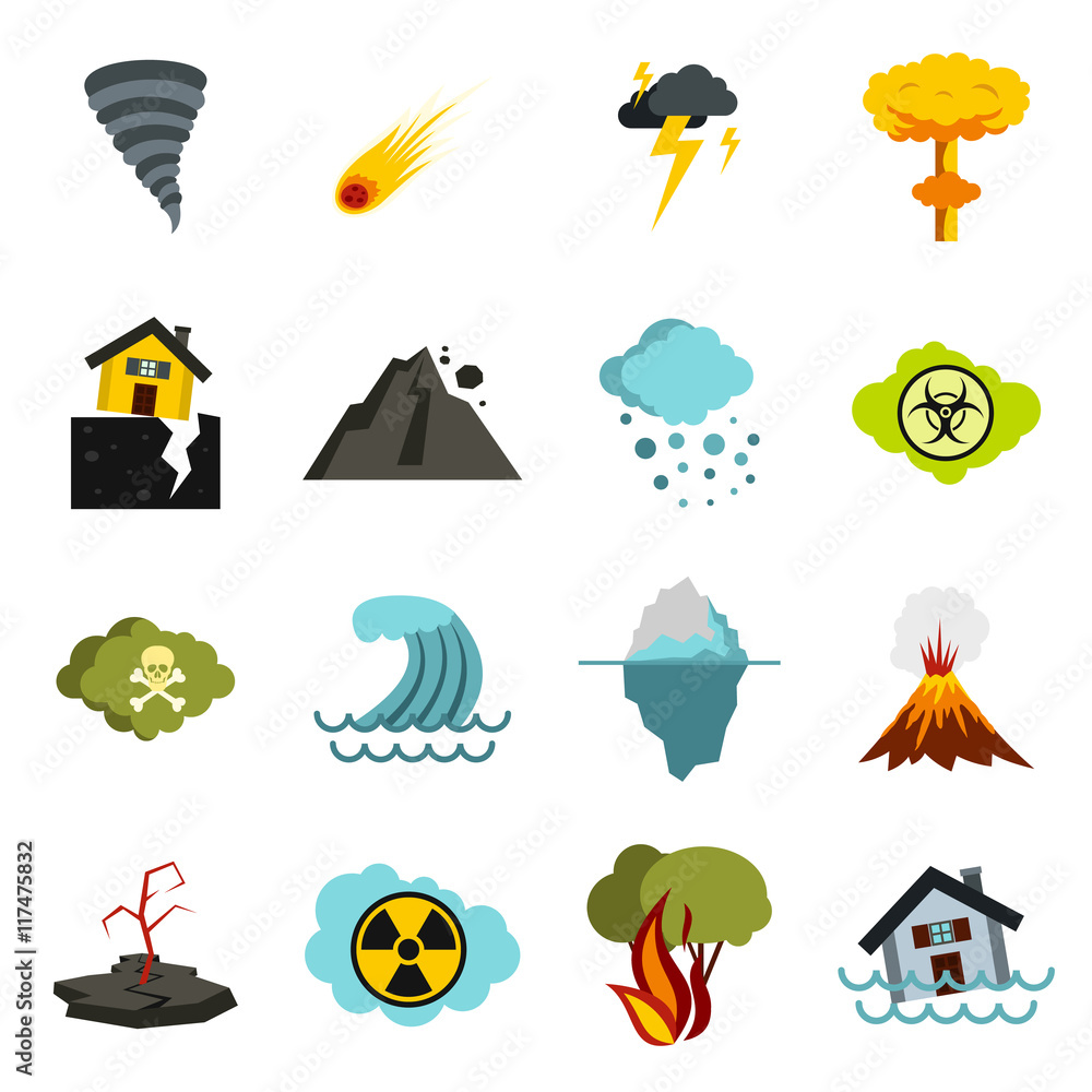 Poster flat natural disaster icons set. universal natural disaster icons to use for web and mobile ui, set 