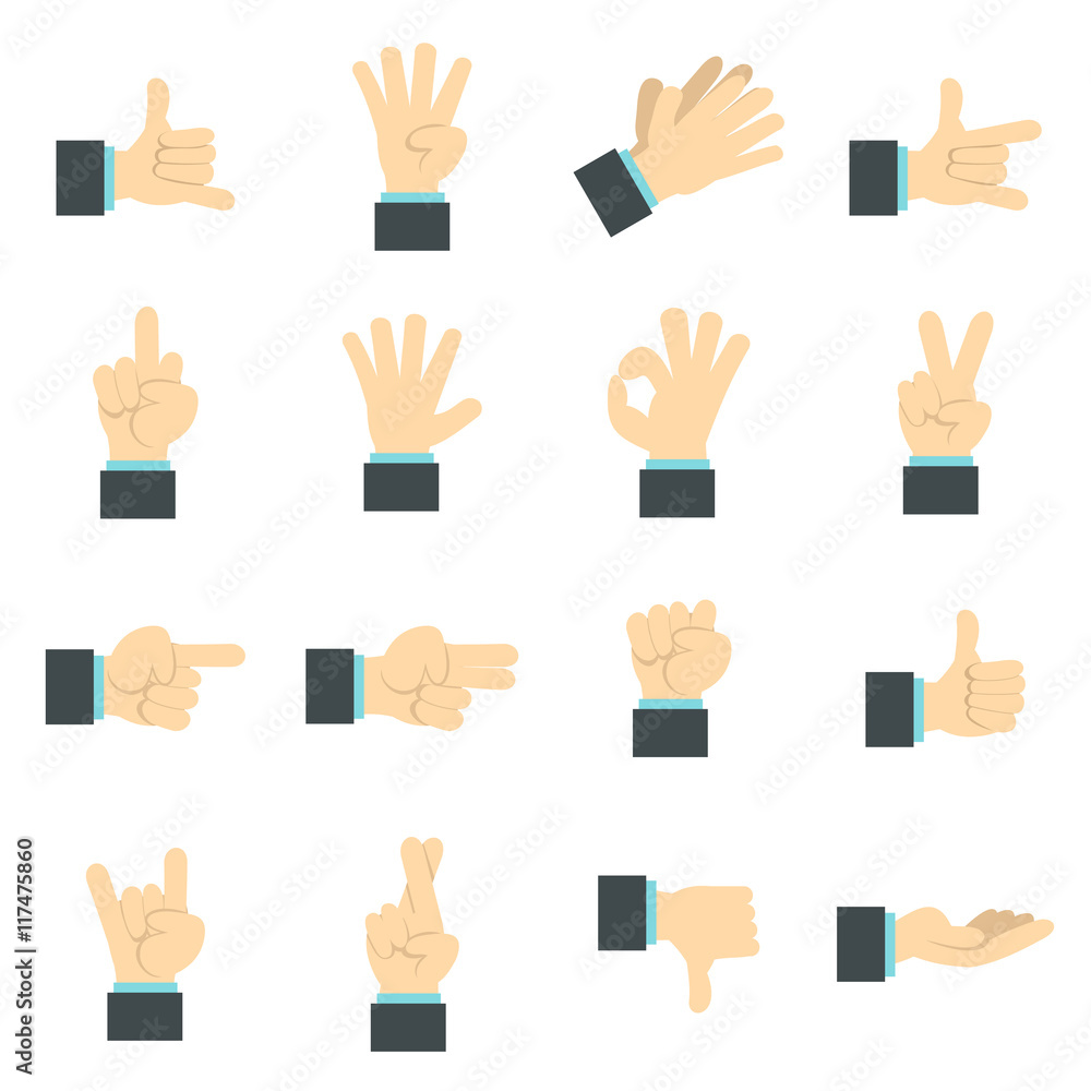 Poster flat hand icons set. universal hand icons to use for web and mobile ui, set of basic hand elements i