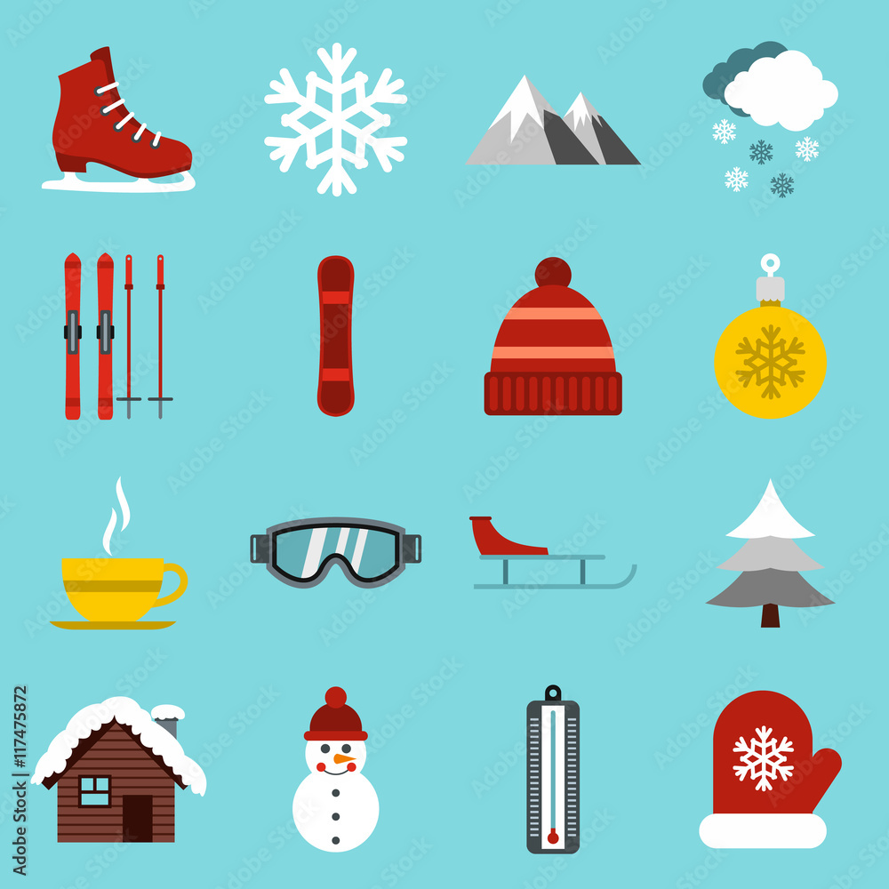 Poster flat winter icons set. universal winter icons to use for web and mobile ui, set of basic winter elem