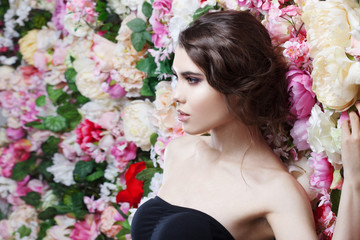 Profile of beautiful fashion girl, sweet, sensual. Beautiful makeup and messy romantic hairstyle....