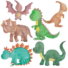 dinosaurs Watercolor illustration Isolated Dino Kids Hand-painted 
