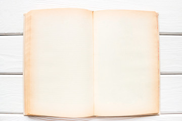 Open vintage book with blank pages and space for text