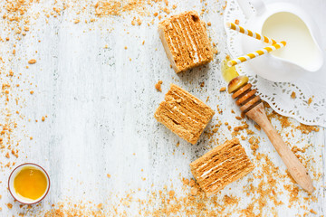 Layered honey cake with custard top view