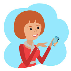 Fototapeta premium Vector illustration in flat style. Icon girl with smartphone in hand.