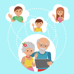 Family vector illustration flat style people faces online social media communications. Man woman parents grandparents with tablet phone.