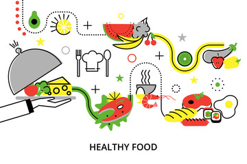 Modern flat thin line design vector illustration, concepts of healthy homemade food and restaurant meals, for graphic and web design