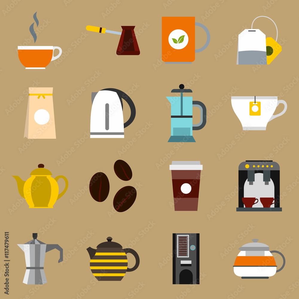Poster Flat tea and coffee icons set. Universal tea and coffee icons to use for web and mobile UI, set of basic tea and coffee elements isolated vector illustration