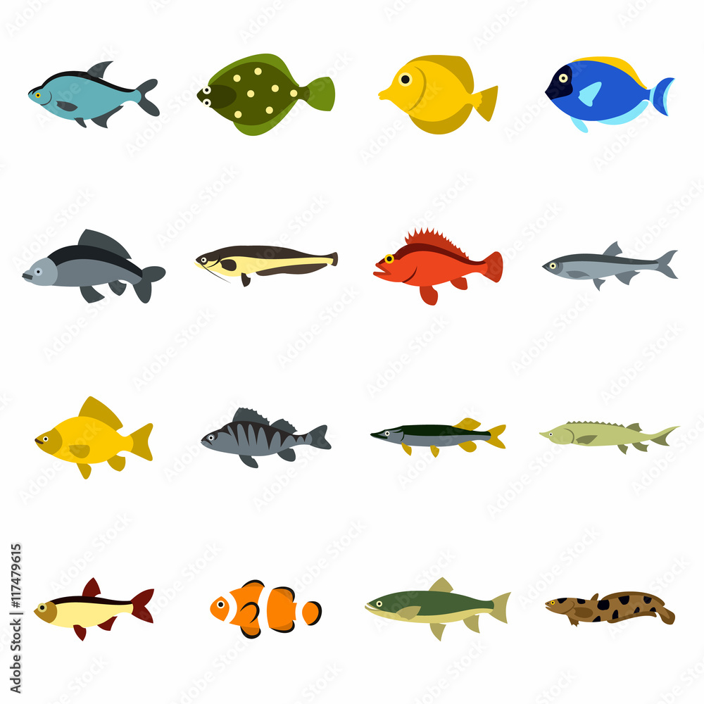 Poster flat fish icons set. universal fish icons to use for web and mobile ui, set of basic fish elements i
