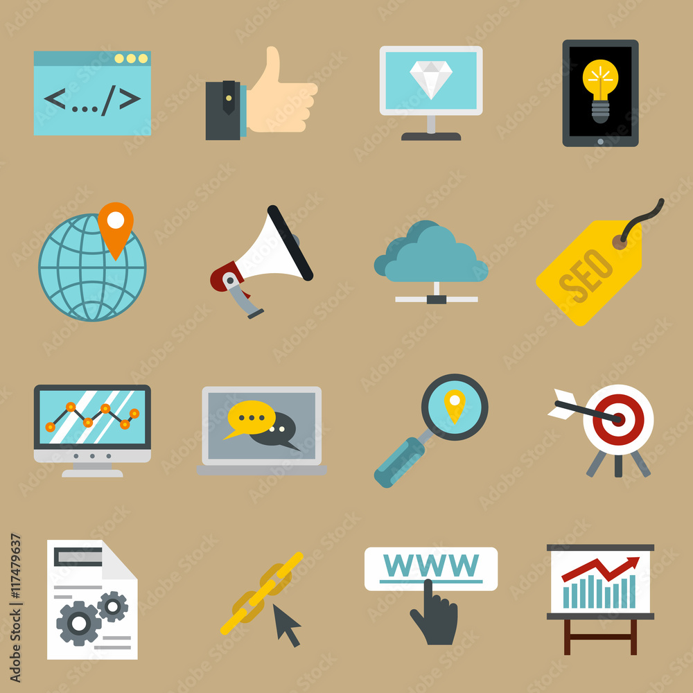 Poster flat seo icons set. universal seo icons to use for web and mobile ui, set of basic seo elements isol